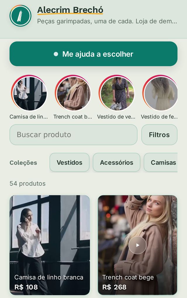 Exemplo ilustrativo de página Bio com busca, coleções e peças em vídeo